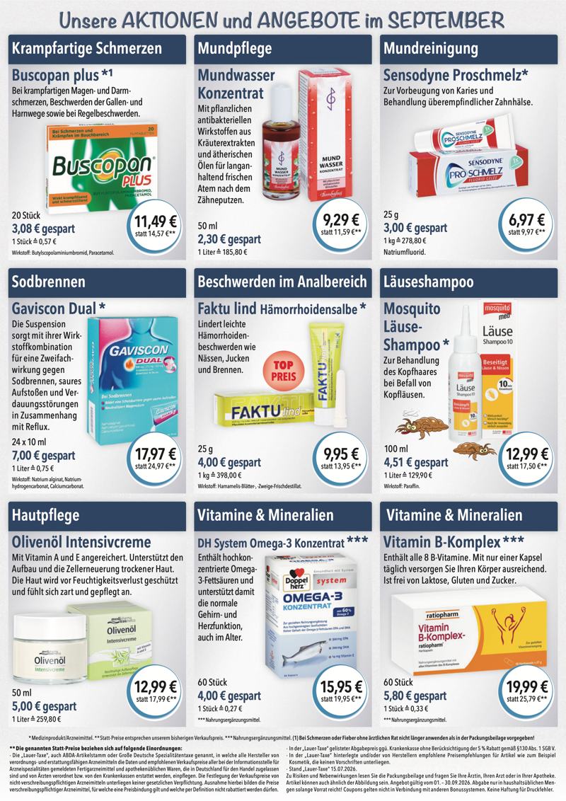 Monatlicher Angebotsflyer der Apotheke im Chinon Center mit Informationen zu Öffnungszeiten, Leistungen, Aktionen und wechselnden Produktangeboten aus Bereichen wie Gesundheit, Pflege und Selbstmedikation.